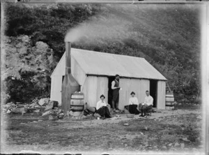 Gifford tramping party at Ball Hut, Mt Cook