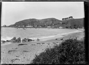 View across the bay to the fishing village at Moeraki, circa 1925.