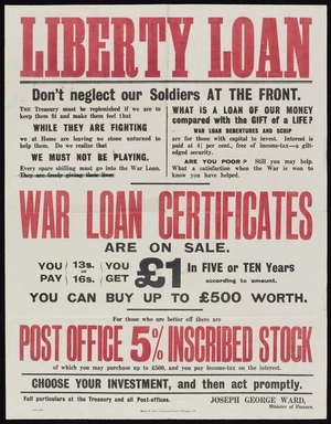 Liberty loan. Don't neglect our soldiers at the front...War loan certificates are on sale...Joseph George Ward, Minister of Finance. [1918].