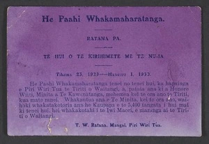 Ratana Pa :He Paahi Whakamaharatanga. Ratana Pa. Te Hui o te Kirihimete me te Nu-Ia. Tihema 23 1929 - Hanuere 1 1930. He Paahi Whakamaharatanga tenei no tenei hui ... [1929]