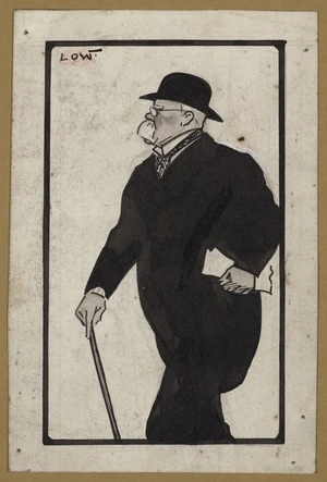 Low, David Alexander Cecil, Sir 1891-1963 :[Profile of bowler-hatted man with a cane. 190-?]