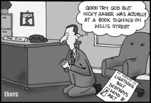 Ekers, Paul, 1961-:"Good try God but Nicky Hager was actually at a book signing on Willis Street". 15 August 2014