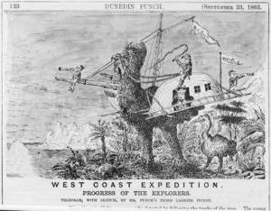 Photograph of an undated cartoon by an unidentified artist depicting gold prospectors riding upon a moa on the West Coast