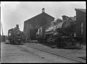 Two steam locomotives, Petone railway workshops, Lower Hutt
