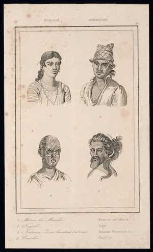 Artist unkown :1. Metive de Manila; 2. Tagal; 3. Nouveau Zeelandais tatoue; 4. Carolin [Plate] 10. [1836?]
