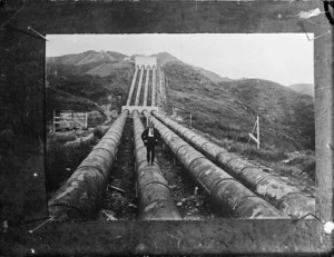 Mangahao hydro-electric power station showing the pipe line