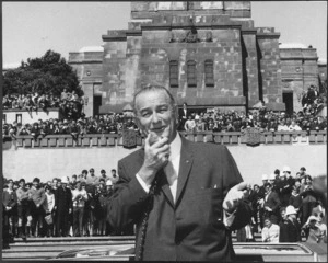 President Lyndon Johnson speaking at the War Memorial, Buckle Street, Wellington