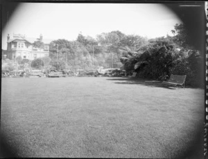 House and tennis court across large lawn, Homewood, Karori, Wellington