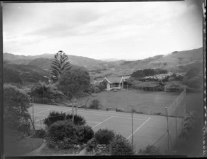 Tennis court and small building, from above, Homewood, Karori, Wellington