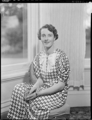 Jean Sutherland seated inside at Homewood, Karori, Wellington