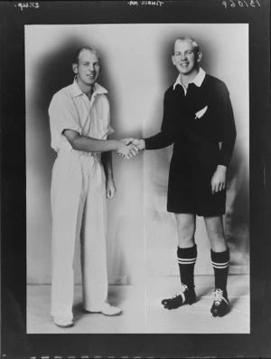All Black Eric Tindall shaking hands with himself as a cricket representative 1937