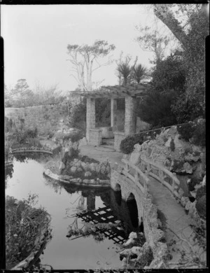 Garden features including bridge, pond and pergola at Homewood, Karori, Wellington