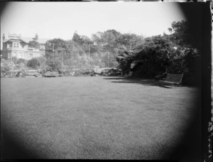 View across the lawn of tennis court and house, Homewood, Karori, Wellington