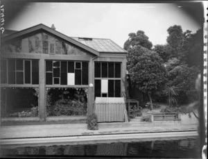 Exterior view of conservatory from swimming pool, Homewood, Karori, Wellington