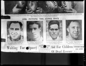 Newspaper clipping with small photos of rugby players D B Clarke, W J Wallace, M G M Nepia and W H Scott
