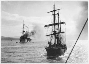 The ships Nimrod and Powerful in Lyttelton Harbour