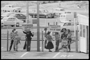 Anti-apartheid demonstrators at Wellington Airport, Rongotai, protesting against a Petone rugby team tour to South Africa