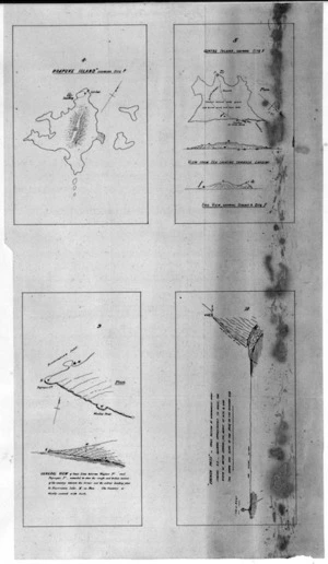 [Blackett, John] 1818-1893 :[Sketches of sites for South Island lighthouses. 1875] 4. Ruapuke Island shewing site P. 5. Centre Island shewing site F. 9. General view of coast line between Windsor Point and Puysegur Point. 10. French Pass.