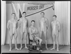 Worser Bay Surf Life Saving Club, Wellington, team of 1962, with Cook Strait trophy
