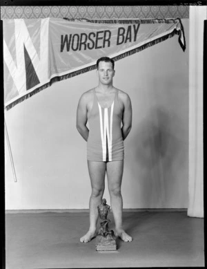 Surf Life Saver, Mr J W B Davenport, [Worser Bay Club?], Wellington, winner of the Cook Strait trophy