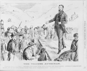 Cartoon of commissioner James Mackay addressing gold miners at Thames