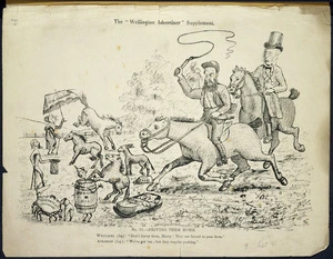[Hutchison, William] 1820-1905 :Driving them home. No. 53. Whitaker (loq) 'Don't hurry them, Harry! They are bound to pass them.'. Atkinson (loq) 'We've got em'; but they require pushing.' The Wellington advertiser supplement. 9 September 1882