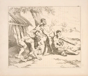 Wahlbom, Johann Wilhelm Carl 1810-1858 :[Polynesian or Aboriginal group seated outside a hut, with a battle raging in the background] / C. Wahlbom inv. & sculps., [Stockholm?] 1835