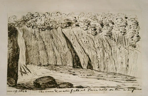 Taylor, Richard, 1805-1873 :The cave and waterfall at Puraroto on the Wanganui, [J]une 19 1846.