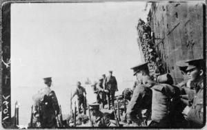 Unidentified soldiers embarking off the 'Lutzow' [Zutzow] at Gallipoli, Turkey, during World War I