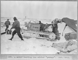 A Wolseley motor sleigh leaving the winter "garage" during the British Antarctic ("Terra Nova") Expedition of 1910-1913