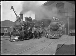Two steam locomotives, "Ww" 645 on the left, probably at Hillside Railway Workshops.