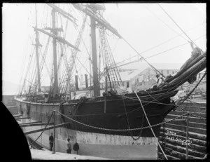 View of the prow of the sailing ship Onyx in Port Chalmers graving dock.
