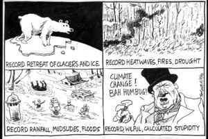 Record retreat of glaciers and ice; record heatwaves, fires, drought; record rainfall, mudslides, floods. Record, wilful, calculated stupidity. "Climate change! Bah humbug!" 18 August 2010