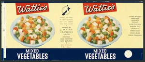 J Wattie Canneries Ltd :Watties mixed vegetables, cooked and ready to serve, delicious hot or served cold with salads, packed by J Wattie Canneries Limited, Hastings and Gisborne New Zealand. A New Zealand product. Net weight 1 lb 6 oz. [Printed by] CSW. [Label. ca 1959]