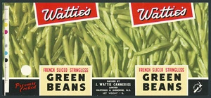 J Wattie Canneries Ltd :Watties French slice stringless green beans, pressure cooked, packed by J Wattie Canneries Limited, Hastings and Gisborne New Zealand. A New Zealand product. Net weight 1 lb. [Printed by] CSW. [Label. ca 1959]
