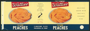 J Wattie Canneries Ltd :Watties sliced peaches, clingstone slices preserved in syrup, delicious served with Wattie's creamed rice. Packed by J Wattie Canneries Limited, Hastings and Gisborne New Zealand. A New Zealand product. Net weight 1 lb 13 oz. [Printed by] CSW. [Label. ca 1959]