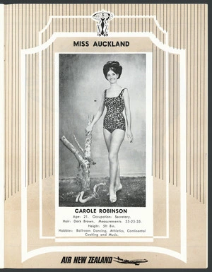 Miss NZ 1969. Miss Auckland, Carole Robinson, age 21. Occupation secretary [1969]