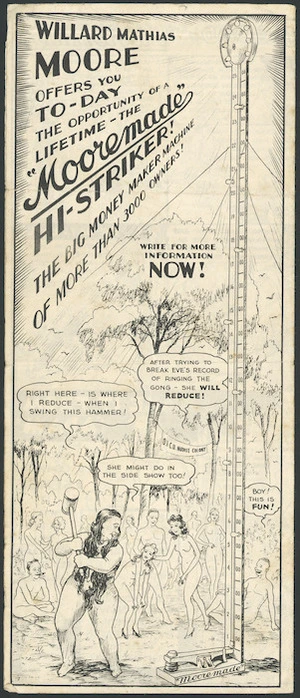 Mooremade Products Works (Lapeer, Mich.) :Willard Mathias Moore offers you to-day the opportunity of a lifetime - the Mooremade Hi-Striker! The big money maker machine of more than 3000 owners! Write for more information now! [1930s]