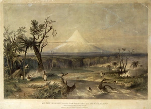 Heaphy, Charles 1820-1881 :Mount Egmont, from the north shore of Cooke's Strait, New Zealand. Natives burning off wood for potato grounds. Lithographed by T. Allom from a drawing by Chas. Heaphy. London, Published for the New Zealand Company by Smith Elder & Co ... printed by C. Hullmandel [1842]