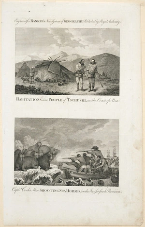 [Webber, John], 1751-1793 (after) :Habitation and people of Tschuski on the coast of Asia; [and] Captn Cook's men shooting sea horses (on the ice) for fresh provision. Engraved for Bankes's new system of geography, published by royal authority [1787-1790]