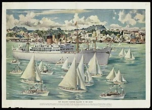 McIntyre, Peter, 1910-1995 :New Zealand's maritime welcome to the Queen ... on December 23 1953. (Printed specially for the Weekly news). Weekly news, [1953?]