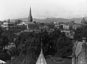 View of Christchurch taken from the Provincial Buildings, looking across Gloucester Street to the spire of the Cathedral