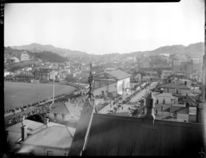 View of Basin Reserve, Wellington, from the North for MCC [Melbourne Cricket Club] vs Wellington match