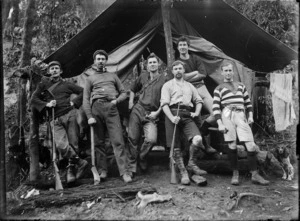 Creator unknown :Photograph of hunters outside tent in the bush