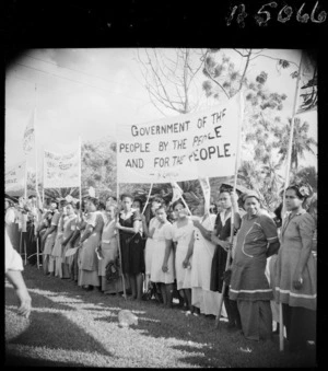 Demonstrators in favour of self government for Western Samoa - Photograph taken by E S Andrews