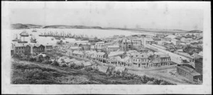 Photograph of an engraving depicting Dunedin by W & A K Johnston, from a photograph taken in 1862 by William Meluish