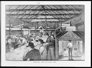Illustrated New Zealand news :Shearers' hut at night time. 1885