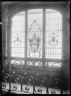 View of a stained glass window depicting the front of a train, at Dunedin Railway Station.
