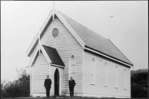 John Hall and George Taylor in front of a church in Stafford