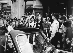 His Royal Highness the Duke of Edinburgh leaving the Wellington Town Hall in the company of the Mayor of Wellington, Francis Kitts, after attending a reception held by the Wellington City Council